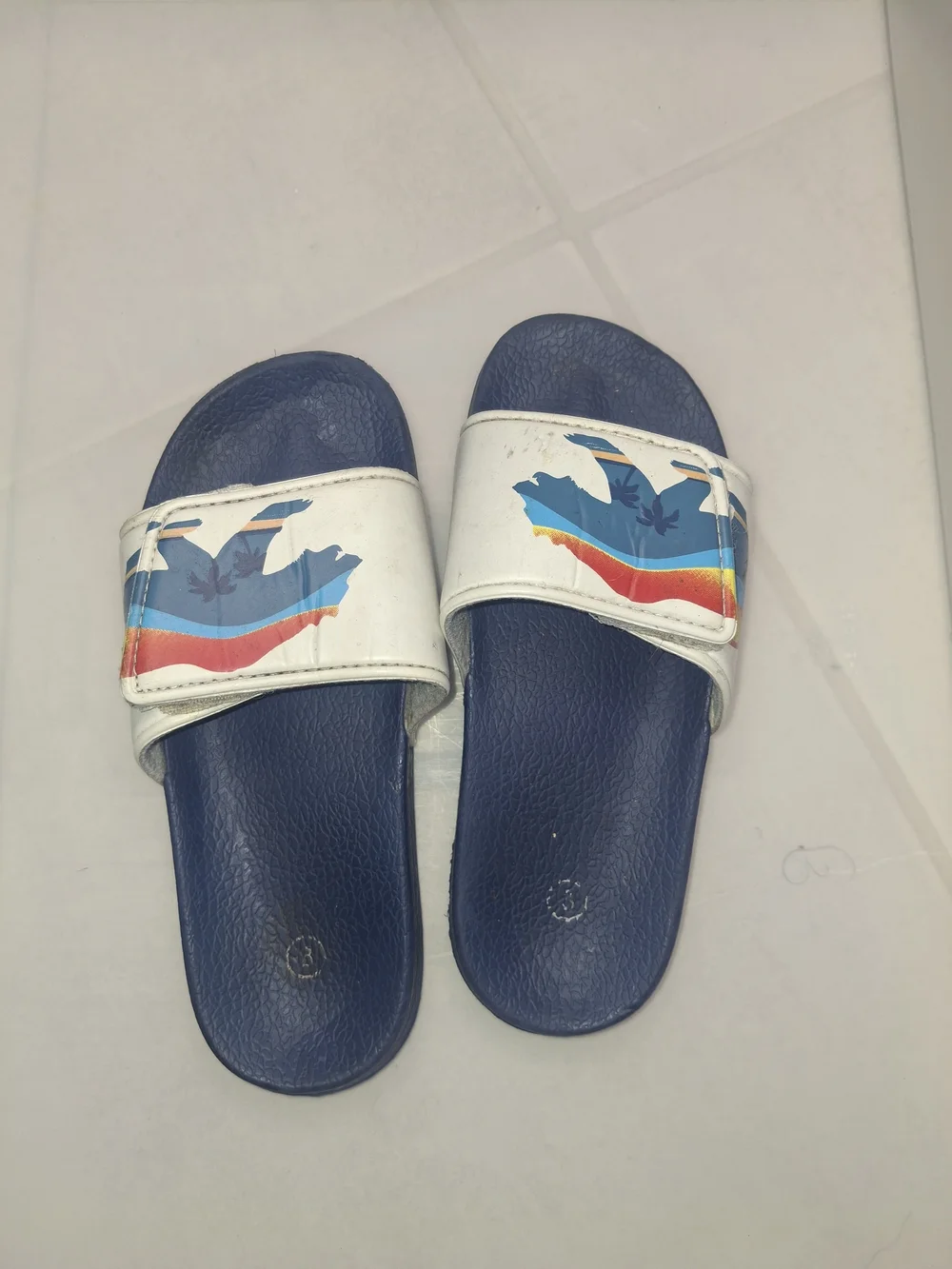 Kids Navy and White Slide Sandals with Colorful Beach Print